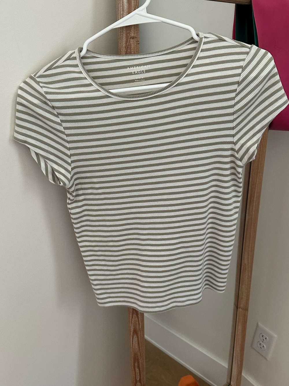 American Eagle Olive and White Striped Short Sleeve Tee